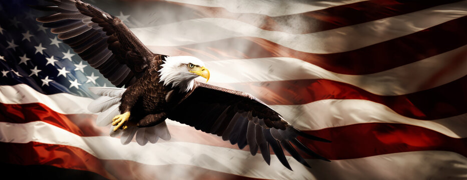 A bald eagle flying in front of the American flag